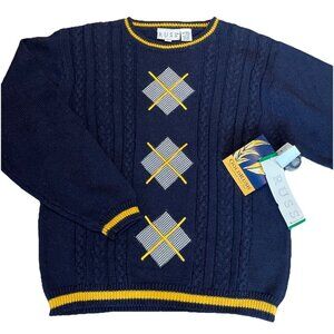 VTG 90s RUSS Cable Knit Crewneck Sweater Womens L Navy Gingham Preppy Tennis NWT